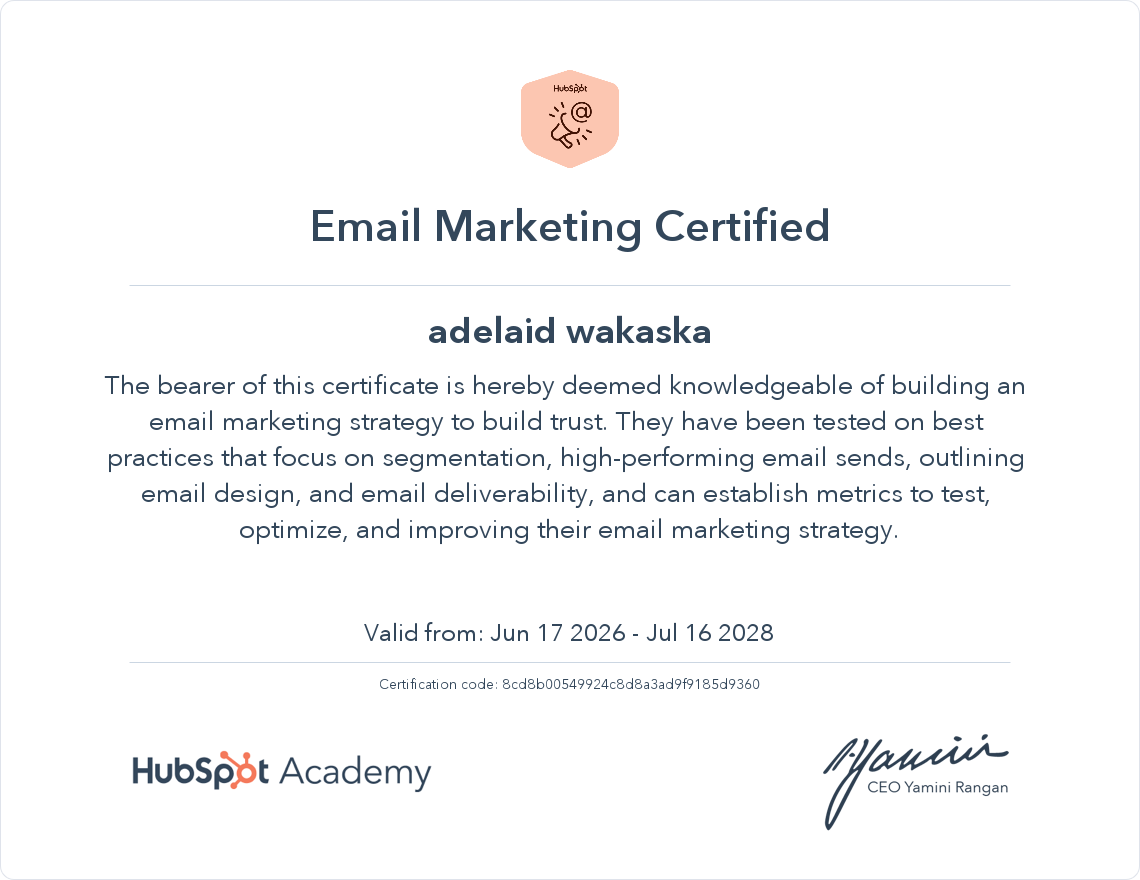 Email Marketing Certified - Adelaid Wakaska
